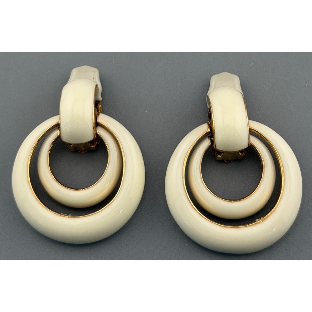 Vintage Ciner Earrings Door Knocker Cream Gold Tone Double Hoop